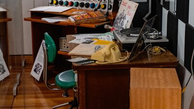 A mock 2XX radio studio on display 2XX People-Powered Radio - Celebrating 50 years at CMAG
