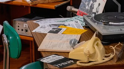 A mock 2XX radio studio on display 2XX People-Powered Radio - Celebrating 50 years at CMAG