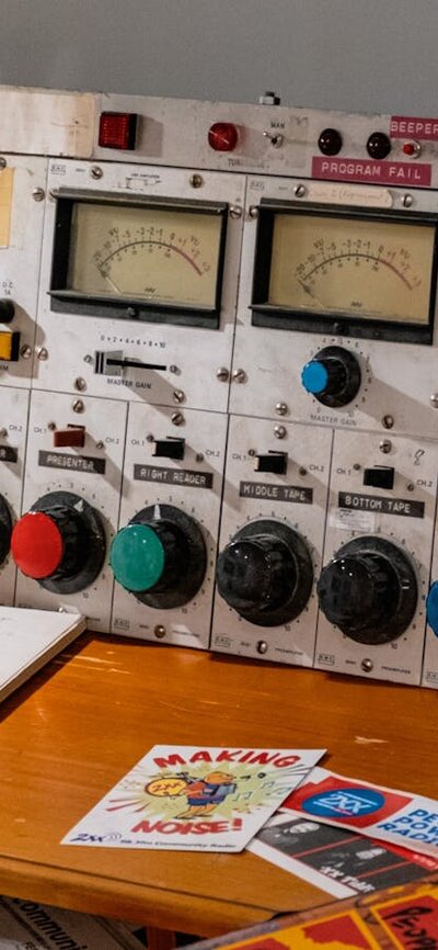 A mock 2XX radio studio desk on display 2XX People-Powered Radio - Celebrating 50 years at CMAG