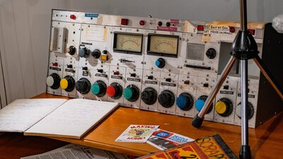 A mock 2XX radio studio desk on display 2XX People-Powered Radio - Celebrating 50 years at CMAG