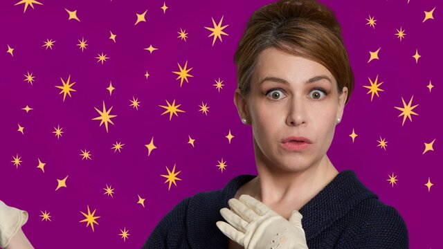 5 Lesbians Eating A Quiche at ACT Hub A 1950s woman looks shocked surrounded by stars