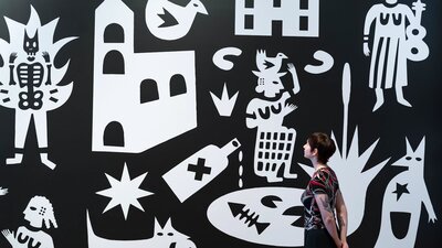 Aretha Brown, Gumbaynggirr people, THE BIRTH OF A NATION: THE TRUE HISTORY OF AUSTRALIA installation view, 5th National Indigenous Art Triennial: After the Rain, National Gallery