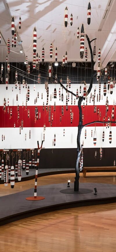 Alair Pambegan, Wik-Mungkan people, Kalben-aw story place of Wuku and Mukam the flying fox brothers installation view, 5th National Indigenous Art Triennial: After the Rain