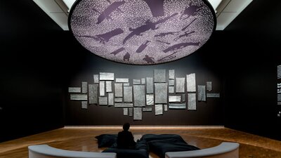 Naminapu Maymuru-White, Maŋgalili people, Milŋiyawuy (Milky Way), 2025 installation view, 5th National Indigenous Art Triennial: After the Rain, National Gallery