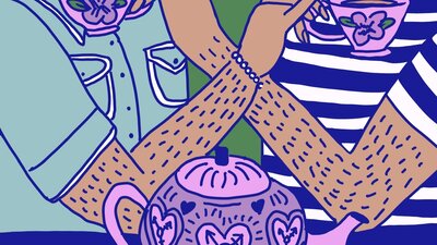 A drawing of two people drinking tea.