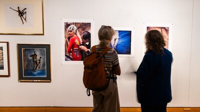 A Total Work of Art: Sidney Nolan and the Stage Two people exploring the exhibition A Total Work of Art: Sidney Nolan and the Stage