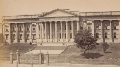 James N. Vickers, Public Library, Melbourne, Victoria, c. 1879, nla.gov.au/nla.obj-501530595 A sepia photograph of the Melbourne Public Library in 1879.