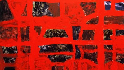 An vibrant red abstract painting.