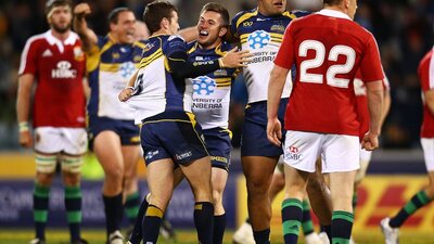 Brumbies celebrate win over Lions in 2013.
