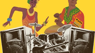 Image of Speakers and a collage of musical instruments & 2 traditionally dressed african musicians