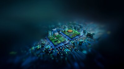AI city on circuit board AI city on circuit board