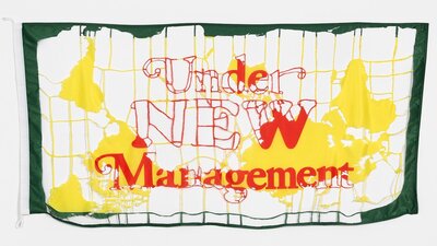 An image of a banner with the words under new management over a map of the world