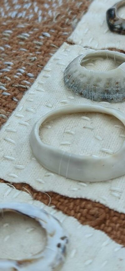 Brown textile with petals in white and natural shells