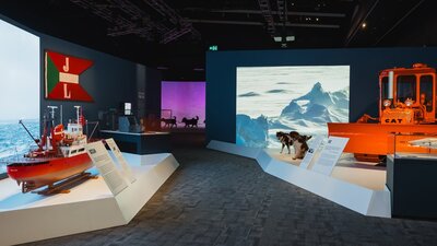 Antarctica exhibition Inside Antarctica exhibition with a view of objects on display.