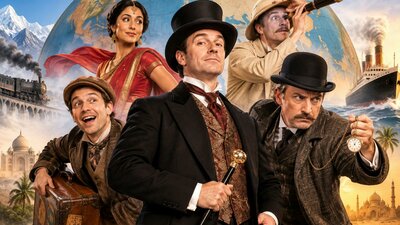 Five Victorian-era adventurers with a globe, steam train and ocean liner