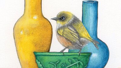 Michaela Laurie, Morning Visitor,  gouache, coloured pencil, watercolour