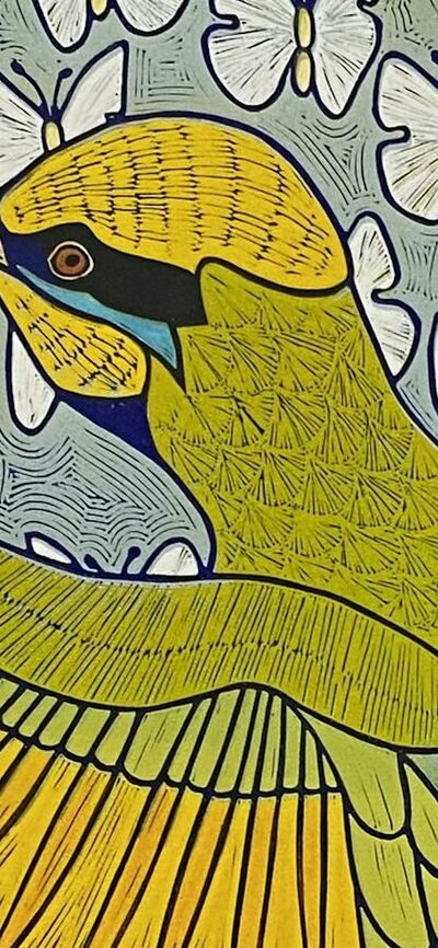 Outside the Box (detail) by Christine Upton A print of a golden bird against a backdrop of butterflies.