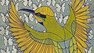 Outside the Box (detail) by Christine Upton A print of a golden bird against a backdrop of butterflies.
