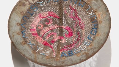 Julie Ryder, Sampler Vintage sieve, cotton and linen embroidery