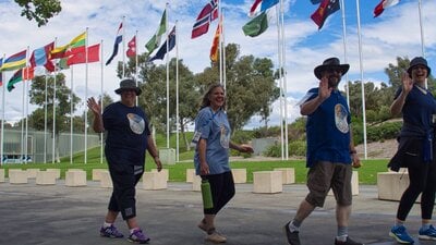 Walking past flags