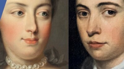 An illustraiton of two women in clothing from the French Revolution