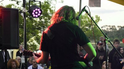 Astigmatism at the Lakeside Jam, 2025. Photo Corwyn Ross Teenage boy with long hair playing electric guitar
