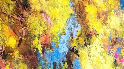 An abstract expressionism painting on canvas portraying colours of vibrant yellow, blue and pink.