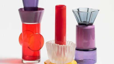 Paul McInnes, The Tears of Things (Finlandia 1, 2 & 3). Photograph of three brightly coloured glass objects on a white background