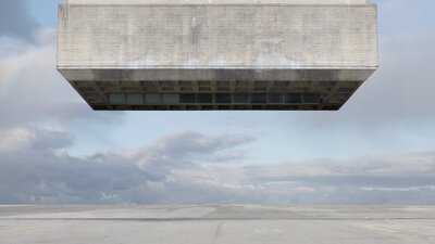 A photographic exploration of an architecutral model floating in the sky.