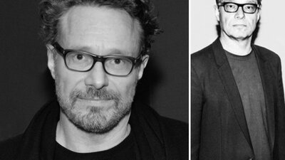 Two black and white images of artist Marco Brambilla