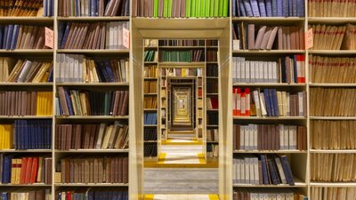 A photograph of book stacks.