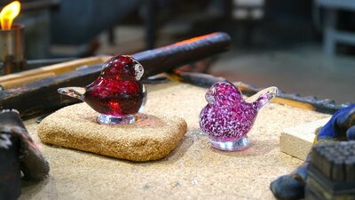 Glass birds from Make Your Own glassblowing class at Canberra Glassworks Two glass birds in the Hotshop