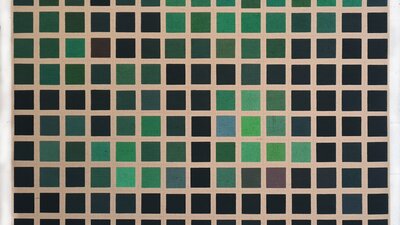 Katrina Barter, The Fountain, 2024 A painting depicting a grid of different shades of green squares on an unprimed canvas