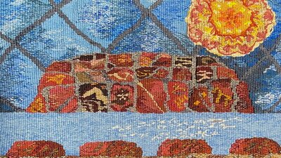 Realistic weaving of a landscape with blues and reds