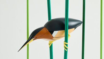 A 3D artwork showing a black and brown bird with a long beak perched on long green stalls