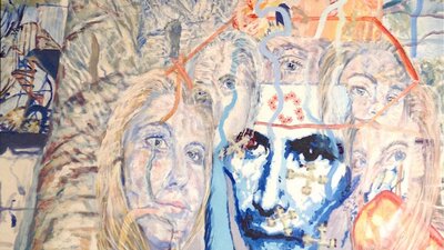An abstract painting of layered faces, blue central portrait with red & blue lines and tree motifs