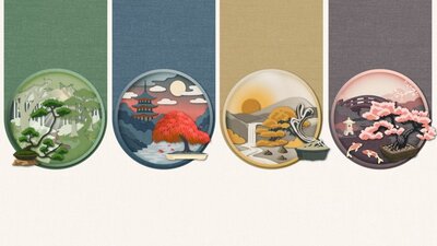 Four artistic depictictions of bonsai trees infront of traditional Japanese icons