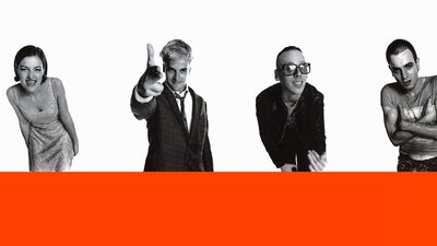 Promotional image from Trainspotting showing black and white images of four people posing