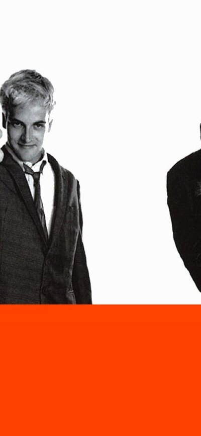 Promotional image from Trainspotting showing black and white images of four people posing