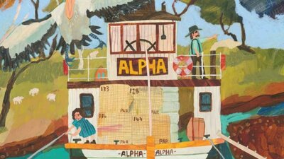 Illustration of a boat named 'ALPHA' with people and birds around.