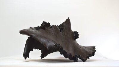 S02E05 ‘Will cut wood for free coffee’, mixed eucalypt from recycled flooring, 2025. Recycled Timber Sculpture from the Exhibition