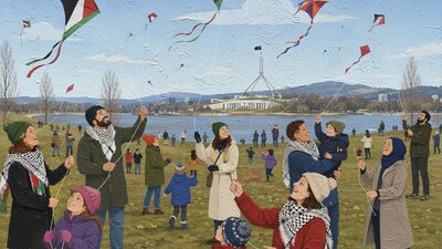 AI generated stylised oil painting of smiling people flying kites at Lake Burley Griffin