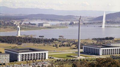 View from Mount Ainslie showing Waterjet and Carillon View from Mount Ainslie showing Waterjet and Carillon