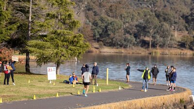 Runners approaching the final stretch of the half marathon