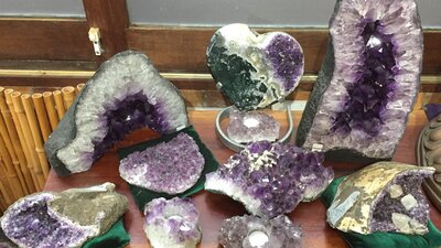 Crystals displayed on a table