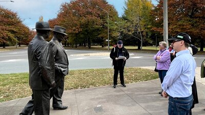 Walking tour observing sculptures of Curtin & Menzies in Barton