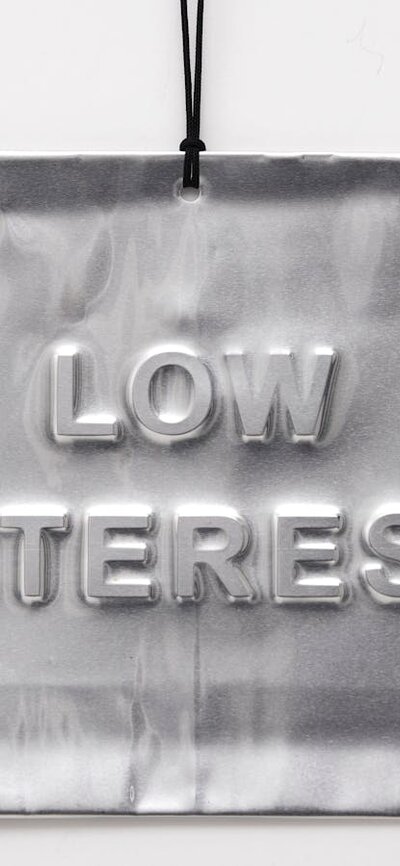 A rectangular plate of thin aluminium embossed with the words 'Low Interest'