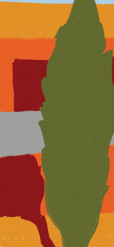 Digital painting of trees in front of an orange building