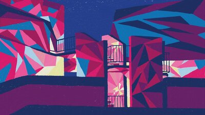 Digital painting of a building in pink, blue and yellow.