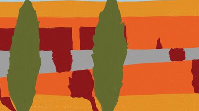 Digital painting of trees in front of an orange building